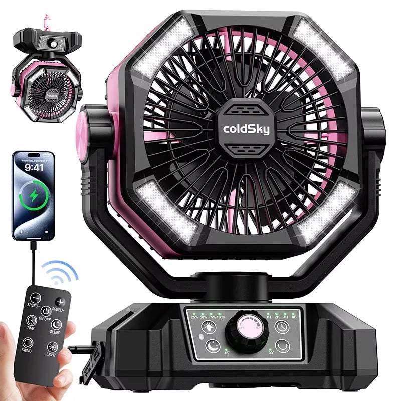 coldSky Portable Camping Fan — 4 LED Lanterns, 8 Speeds, 20000mAh Battery for Outdoor Use