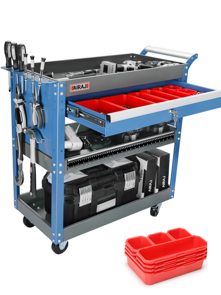 AIRAJ 3-Tier Rolling Tool Cart – 440LBS Capacity Mechanic Storage Cart on Wheels for Garage & Warehouse, Blue