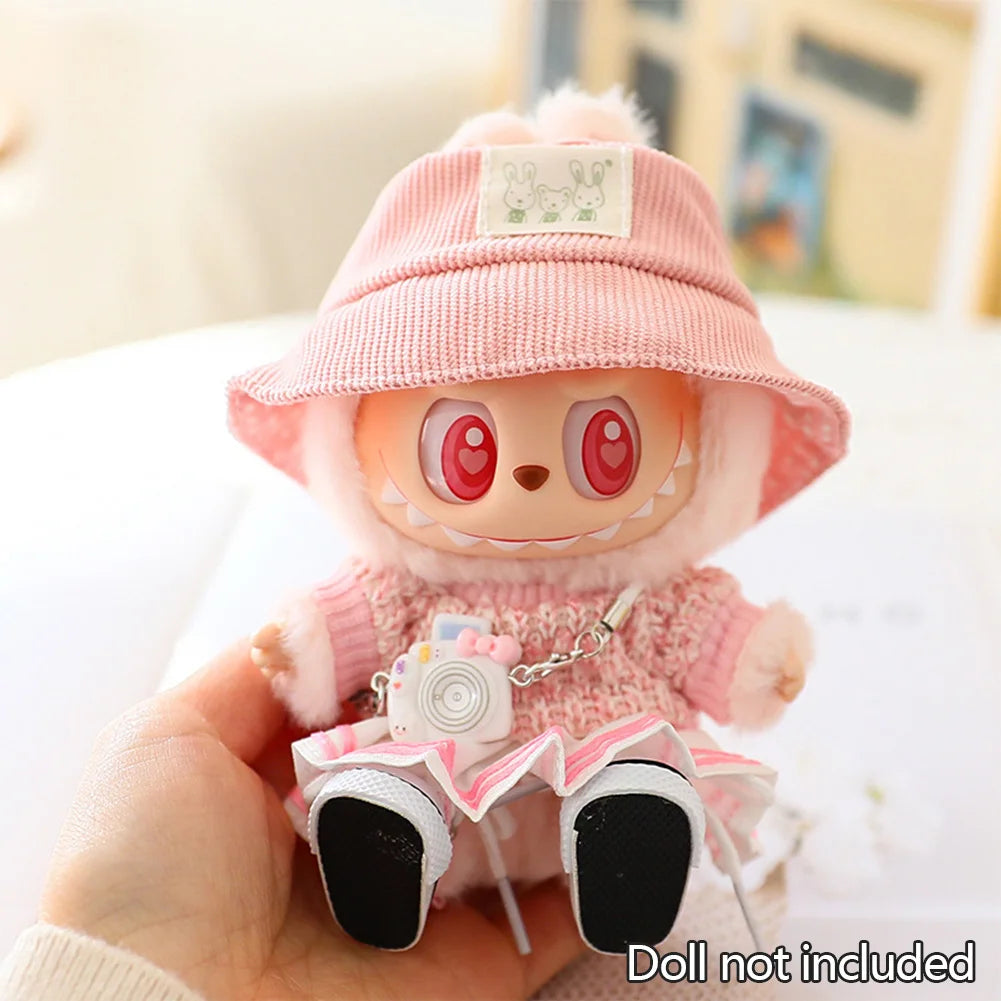 Mini Doll Clothes & Accessories — 15–17cm Labubu & 10cm Cotton Doll Outfit, Pink Hoodie & Yarn Skirt (No Doll)