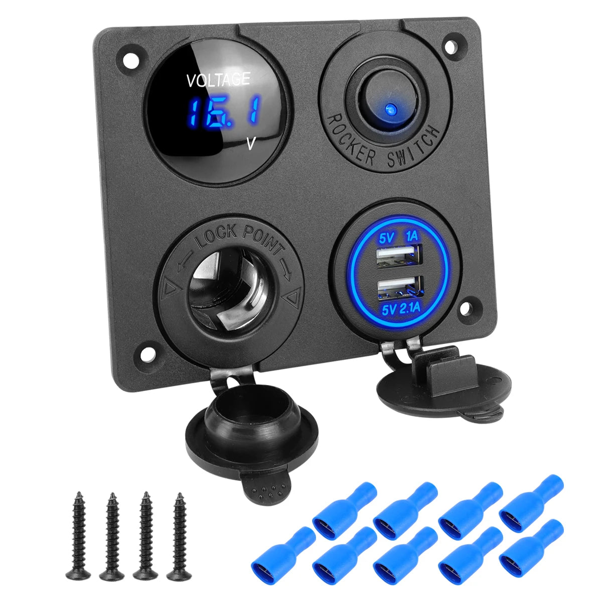 4-in-1 12V/24V Dual USB Power Adapter Panel 3.1A with LED Voltmeter & Rocker Switch for Car, RV, Truck & Marine Use