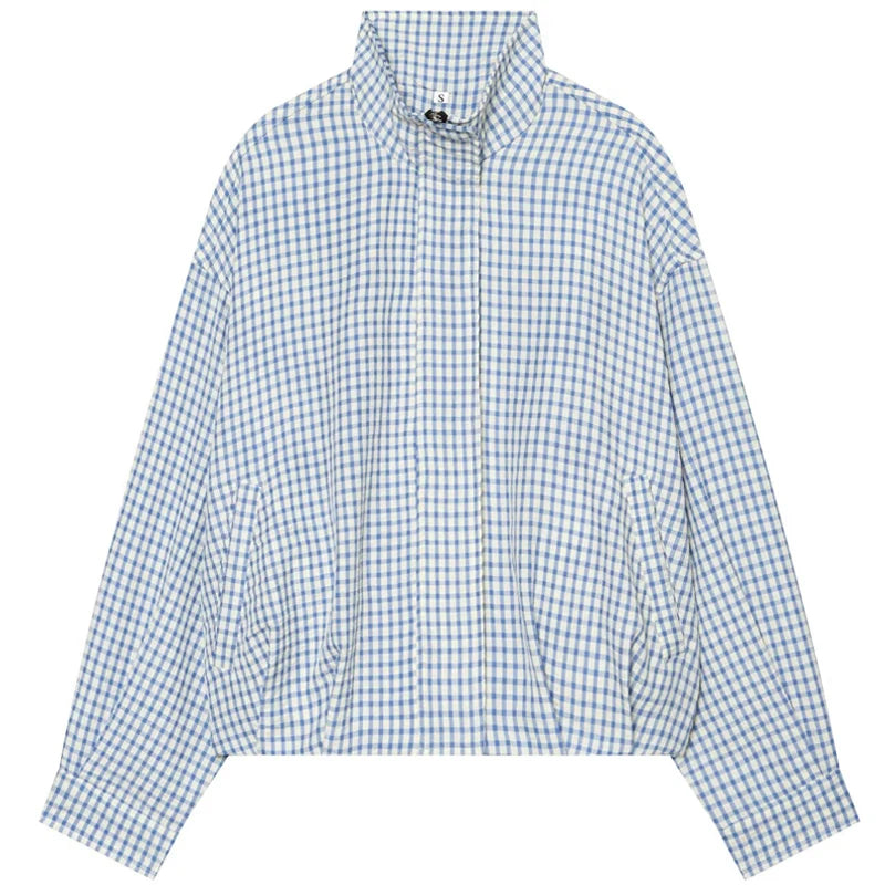 HXAO Plaid Bomber Jacket for Women - Oversized Cropped Long Sleeve Zipper Jacket for Spring & Autumn Casual Wear