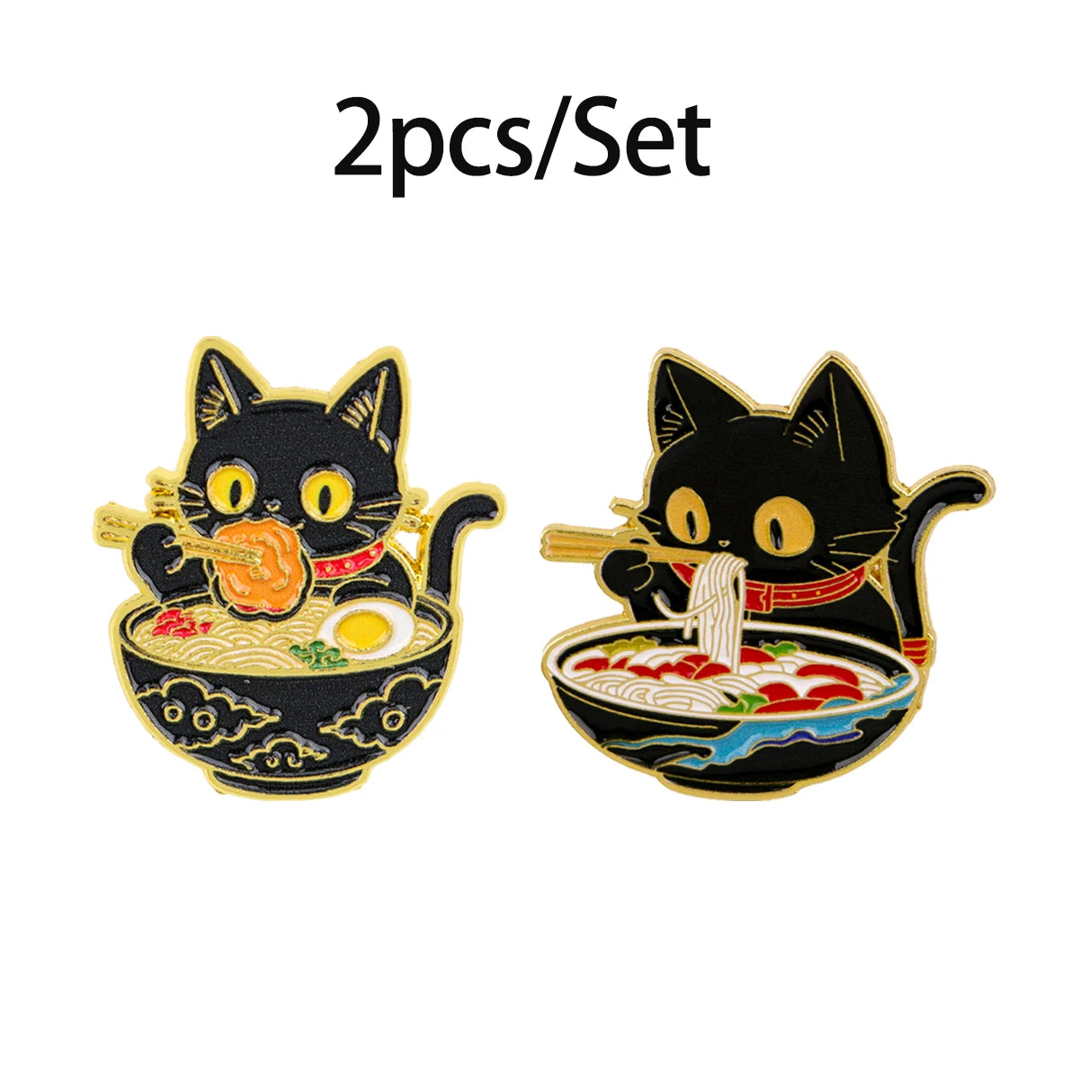 2/3-Piece Cute Black Cat Enamel Pin Set - Noodle Cartoon Badges for Backpacks, Hats, Collars, and Gifts