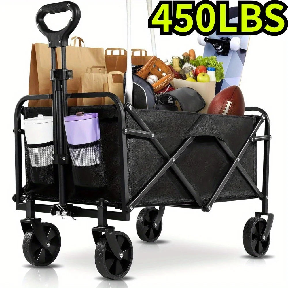 Heavy-Duty Folding Wagon Cart - Large Capacity Collapsible Utility Cart with 360° All-Terrain Wheels & Side Pockets