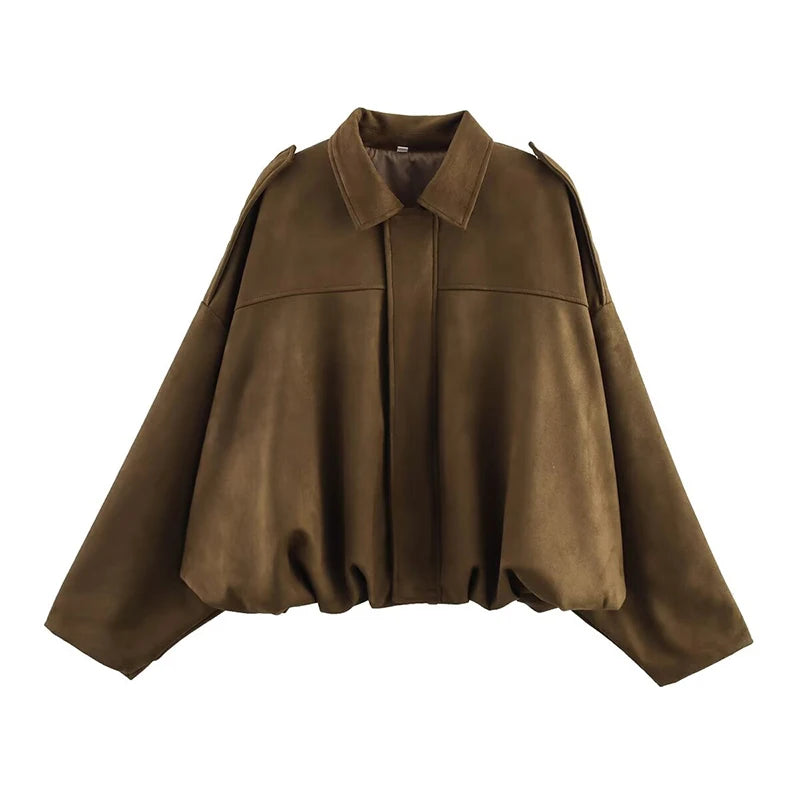 Women's Vintage Bomber Jacket Coat – Turn-Down Collar Long Sleeve Loose Fit Chic Fashion Outerwear