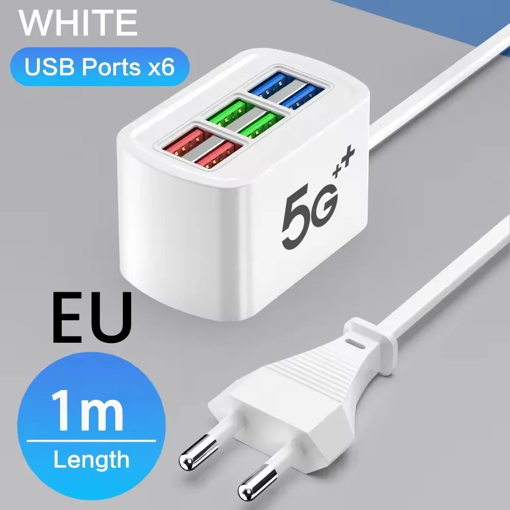 6-Port USB Charging Power Strip – Universal Fast Charger with EU/US Plug, Power Socket Extension Cable for Phones and Devices