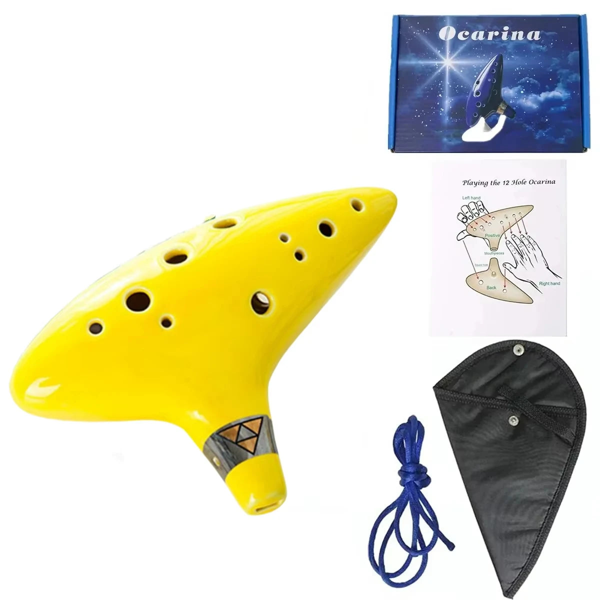 12 Tone Alto C Ocarina – Ceramic Musical Instrument with Songbook, Neck Cord & Carry Bag, Blue