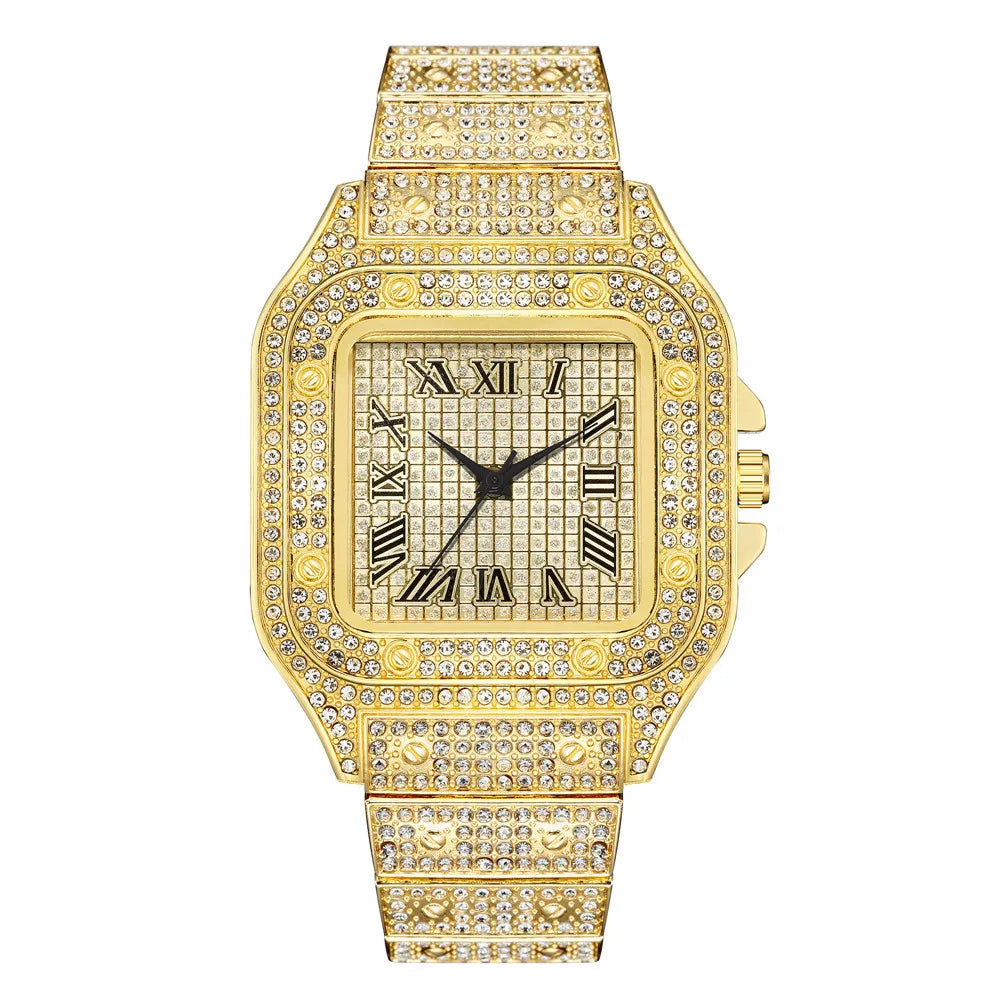 Luxury Men’s Square Quartz Watch - Steel Strap Roman Numeral Rhinestone Business Wristwatch for Casual Style