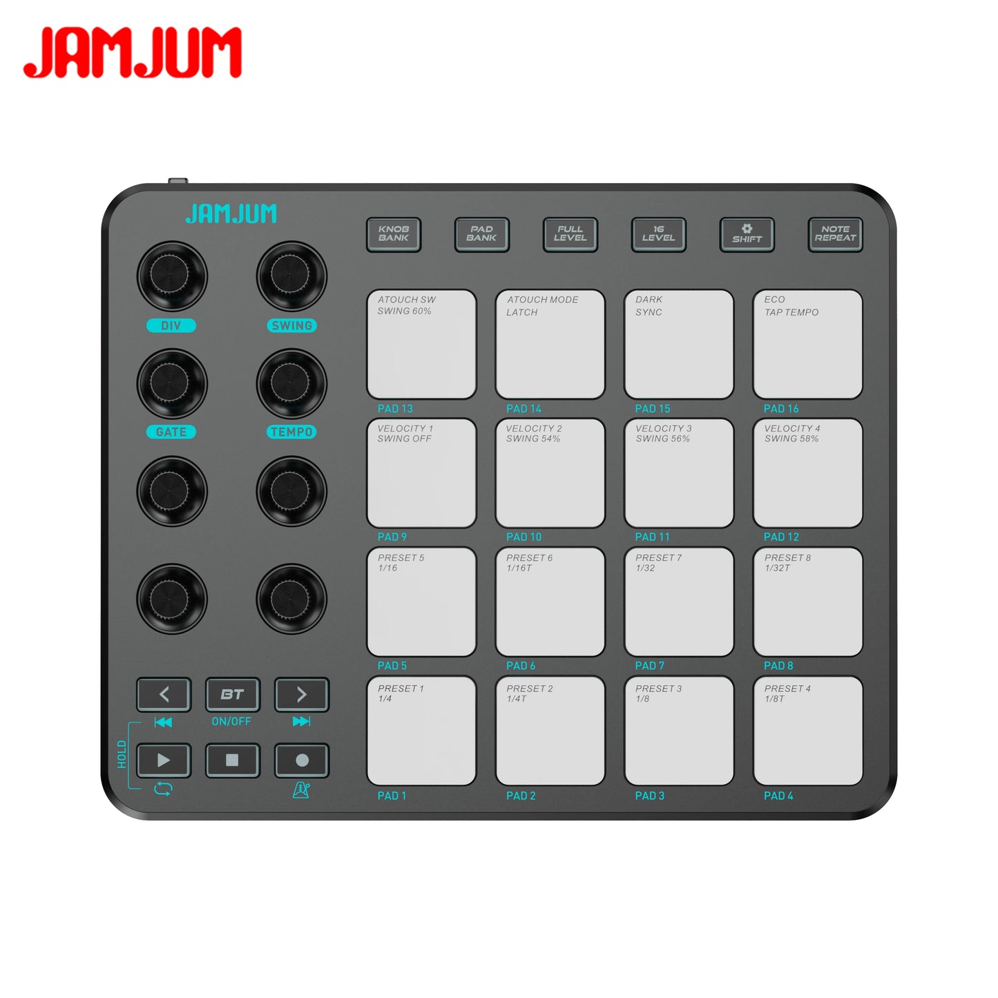 JAMJUM JP-1 MIDI Controller - Wireless 16-Pad RGB Backlit USB-C Portable MIDI Pad for Music Production