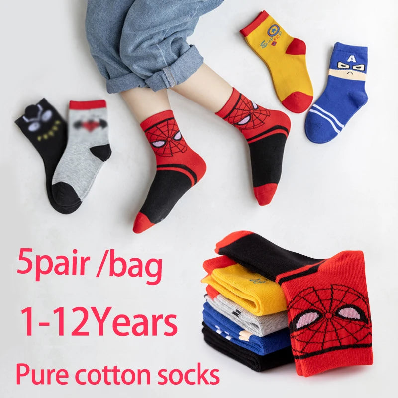 5 Pairs Children’s Spider-Man Socks – Cute Cartoon Cotton Medium Tube Socks for Boys & Girls (Ages 1-12)