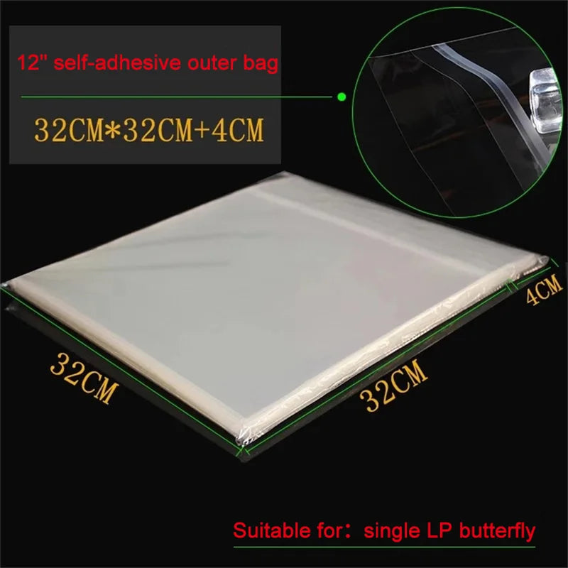 50PCS OPP Gel Vinyl Record Protective Sleeves – Self-Adhesive LP Storage Bags for Turntable, 32.3cm x 32cm