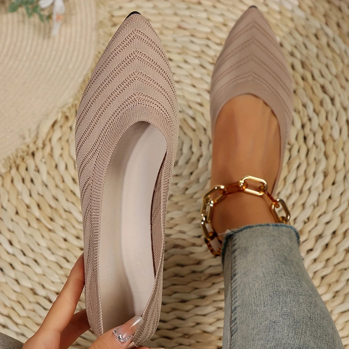 Women’s Solid Color Pointed Toe Knitted Slip-On Flats – Casual Breathable Ballet Loafers