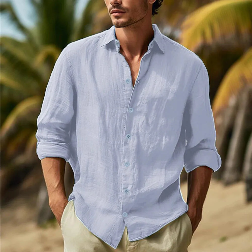 Men’s Cotton Linen Hawaiian Shirt – Solid White Turn-Down Collar Lightweight Breathable Casual Streetwear Large Size