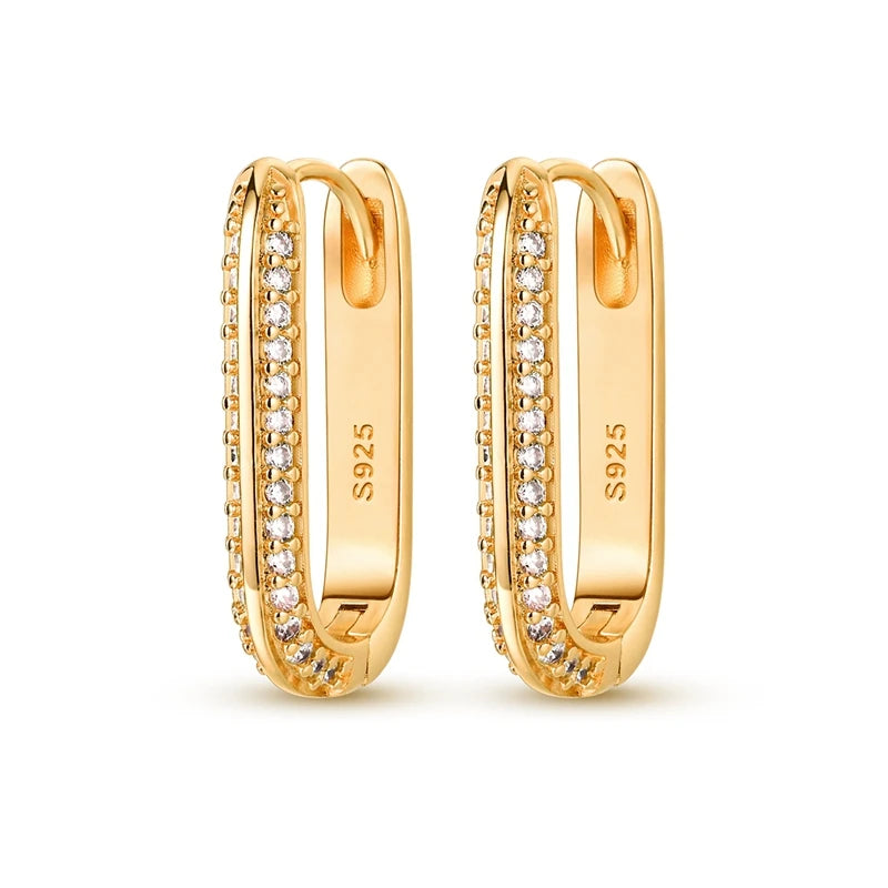 2024 New 925 Sterling Silver Rectangular Hoop Earrings with Zircon - Golden Luxury Wedding Gift for Women