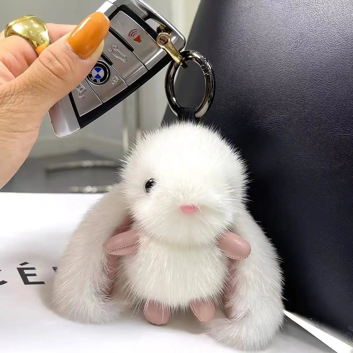 Fluffy Bunny Keychain - Big-Eyed Plush Ears Car Keyring & Cute Bag Charm