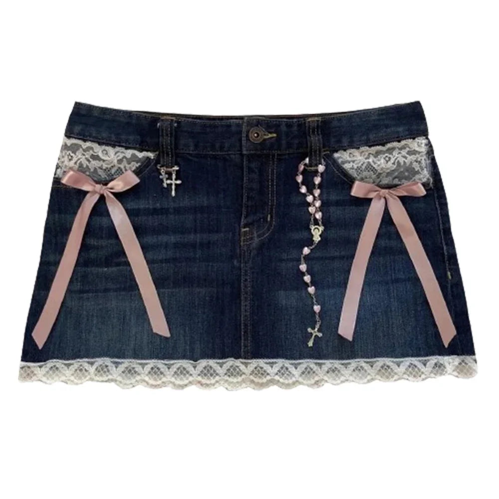 Retro Buddha Y2K Denim Shorts – High Waist Goth Hip Hop Mini Skirt with Embroidery & Pockets