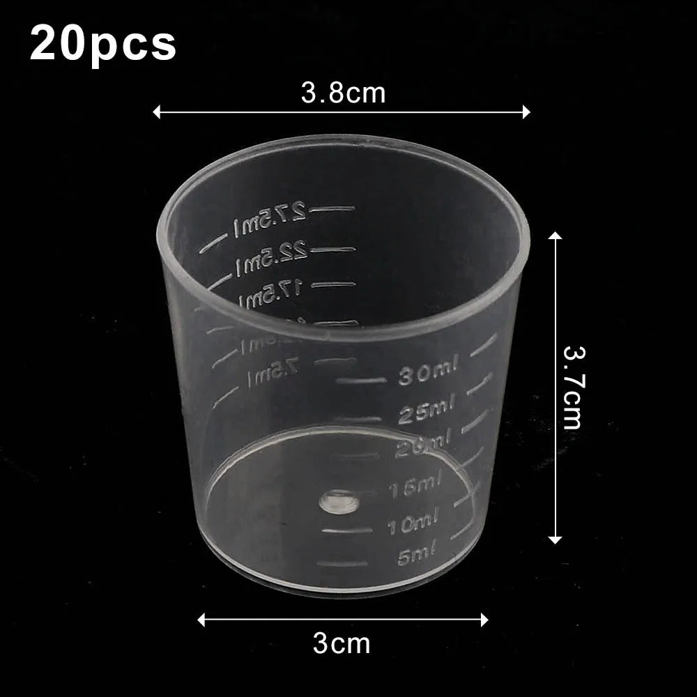 20/100PCS Transparent Plastic Measuring Cups – Disposable Liquid Containers for Epoxy Resin, Silicone Mold, DIY Jewelry Making