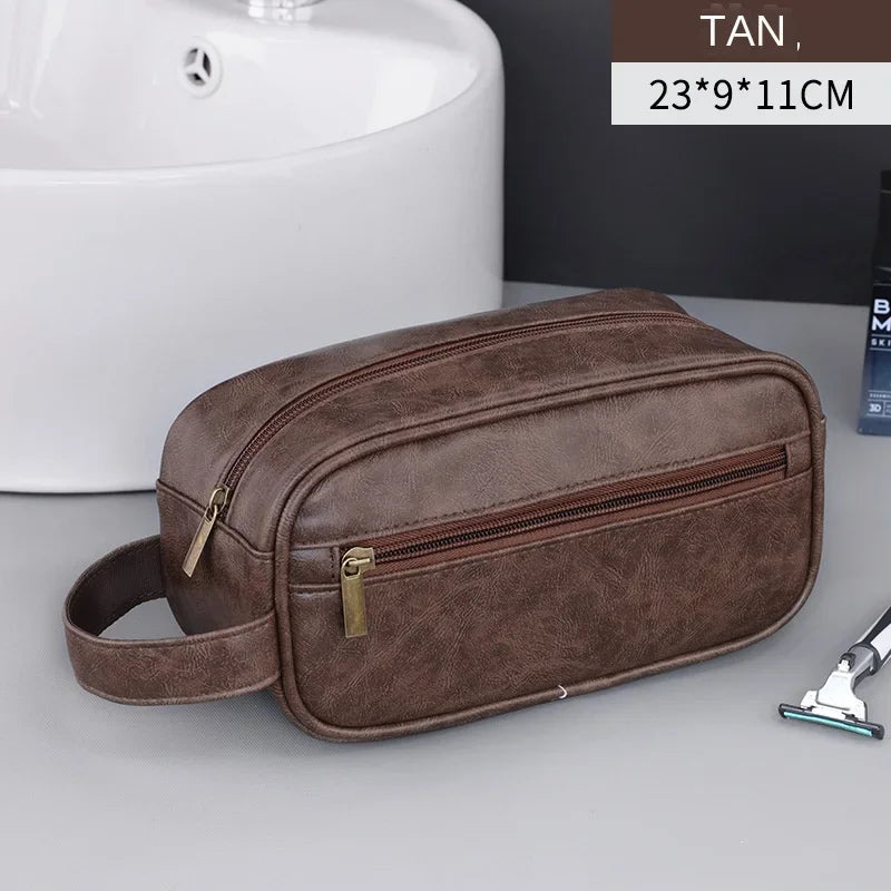 Men’s Leather Travel Wash Bag – Large Capacity Portable Toiletry Cosmetic Organizer with Multi-Pocket Design for Business Trips