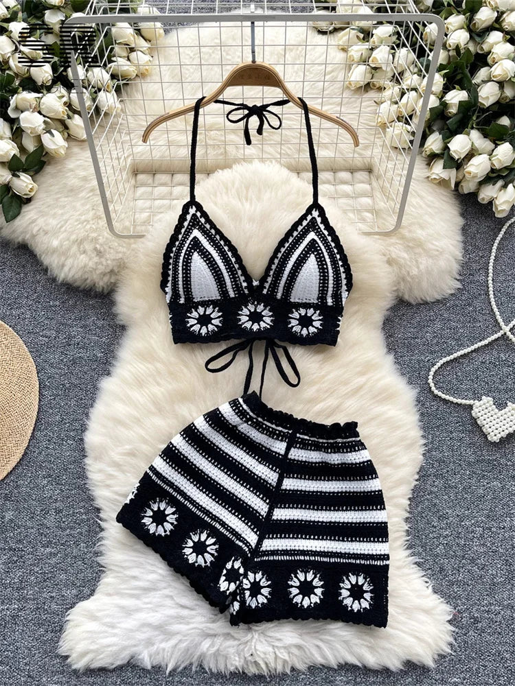 SINGREINY Women's Beach Knit 2-Piece Set – Halter Lace-Up Camis & Elastic Waist Shorts, Hollow Hook Flower Design