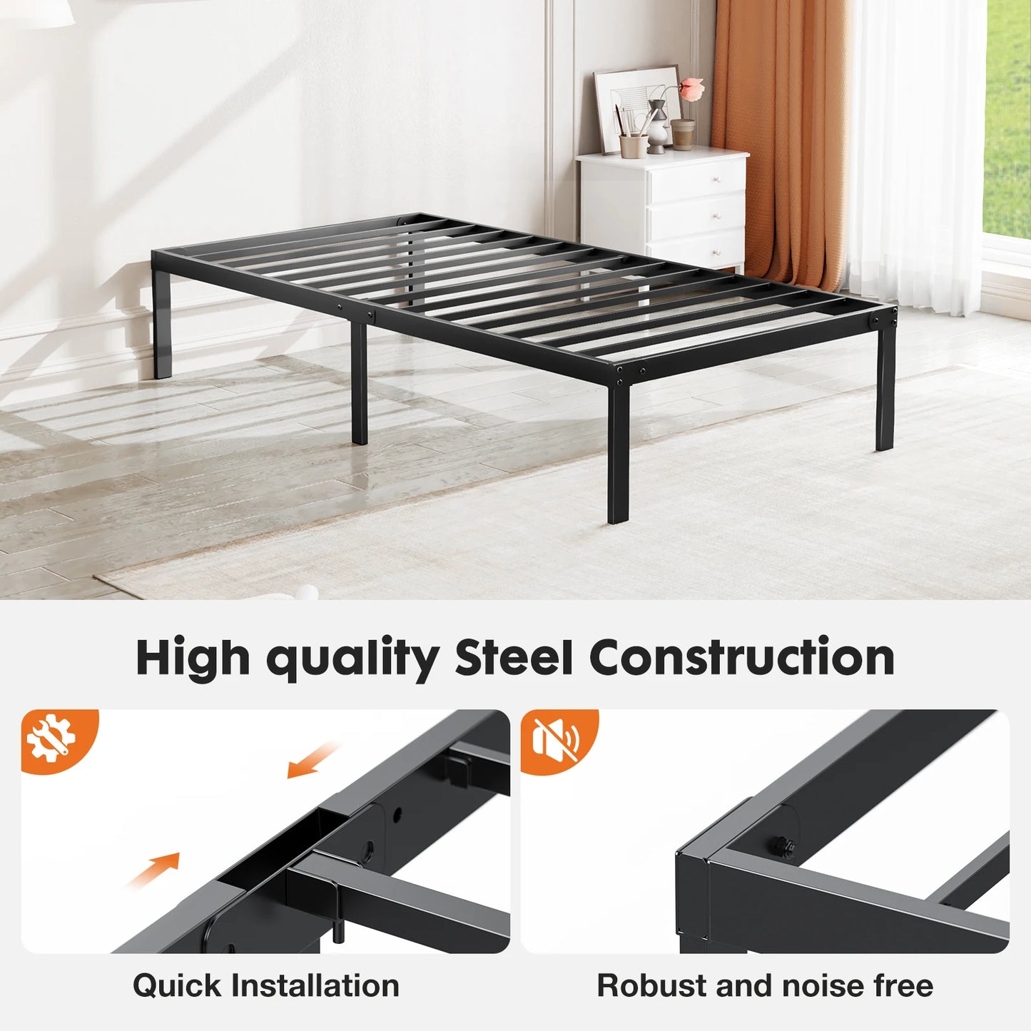 Metal Bed Frame with Storage – Twin, Full, Queen & King Size Platform with Steel Slat Support 350lbs