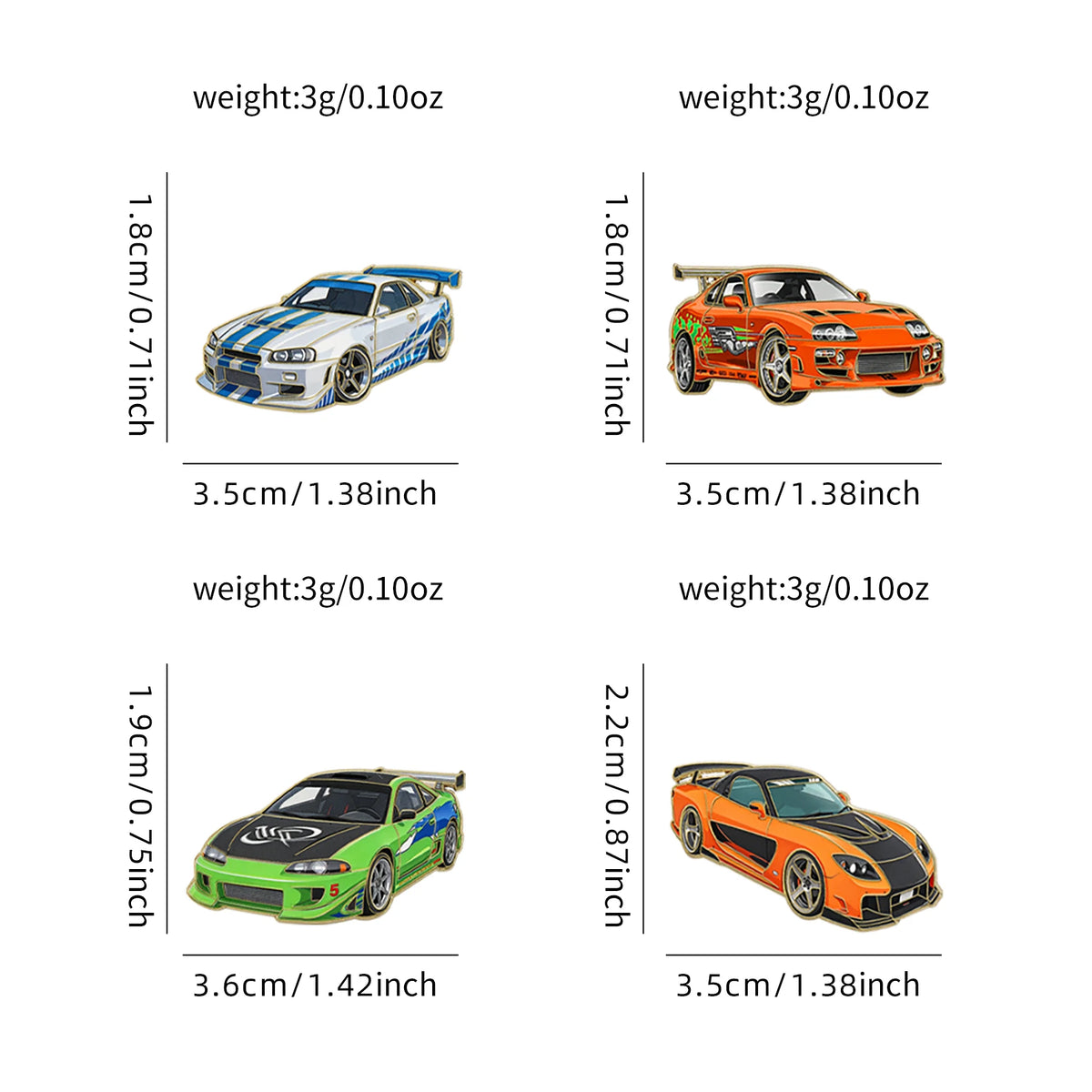 4-Piece Fast & Furious Enamel Pin Set - Car Lapel Brooches for Jackets, Coats, Backpacks & Gifts for Car Enthusiasts