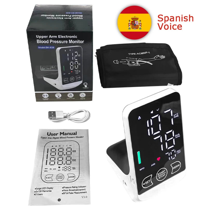 Rechargeable Arm Blood Pressure Monitor – Digital Tensiometer with Large Display & English/Spanish Voice