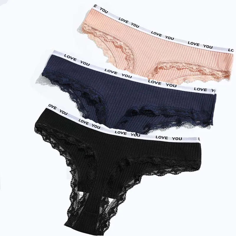 3Pcs Lace Thong Set - Women’s Low Waist Sexy Tanga Cotton Panties, T-Back Lingerie Underwear