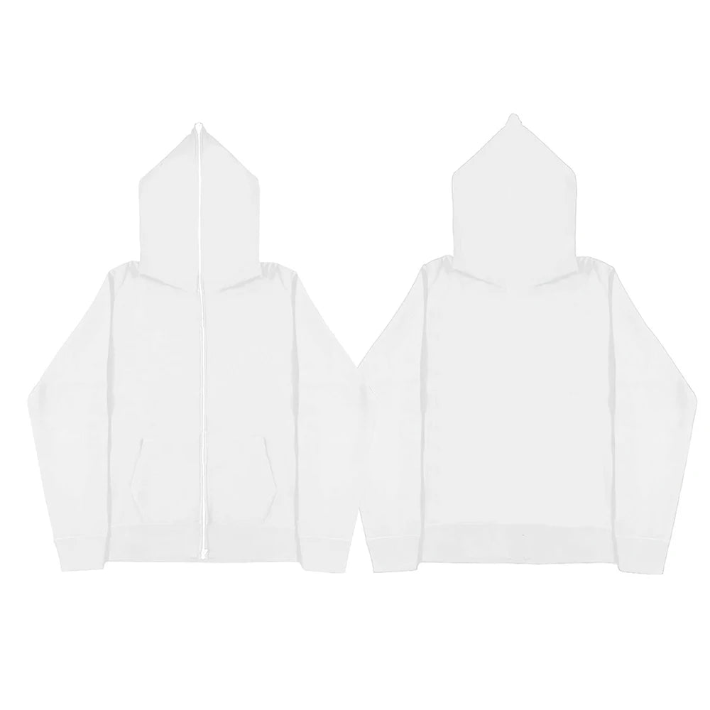 Men’s Harajuku Zip-Up Hoodie Jacket – Retro Black Oversized Long Sleeve Sweatshirt Coat