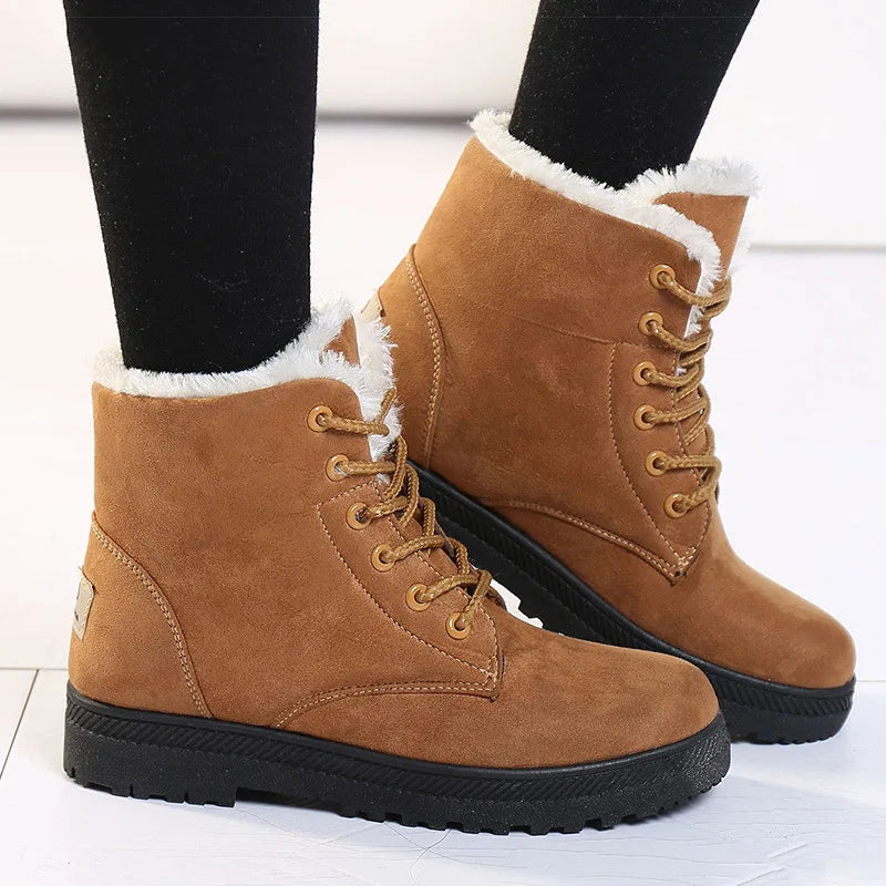 Women's Winter Fur Boots 2025 – Warm Ankle Snow Boots with Low Heels, Black Footwear for Women