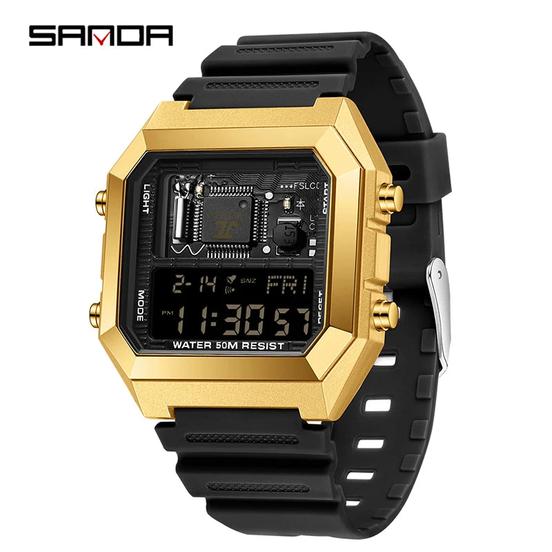 SANDA 6216 Men's Digital Sport Watch - Square LED Display, Waterproof Alarm & Stopwatch