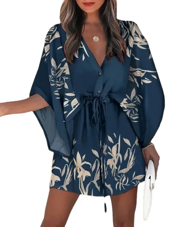 Women’s Floral Summer Dress - V Neck Bat Sleeve Ruffle Boho Dress with Irregular Hem Casual 2024 Style