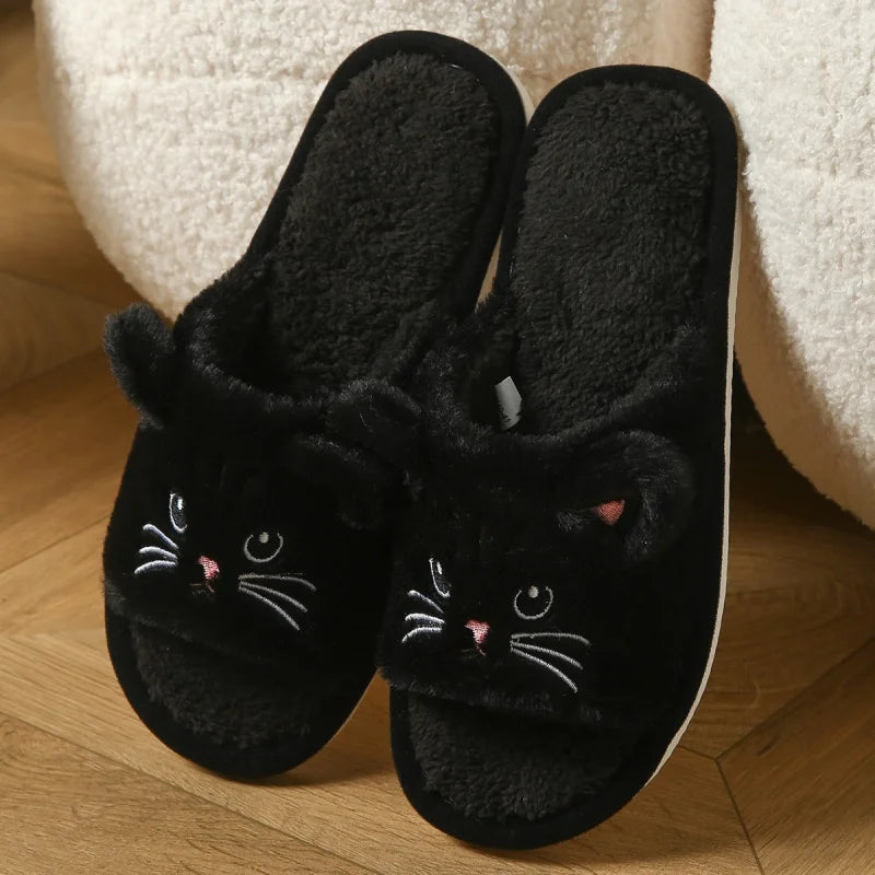Cute Cat Plush Flip Flops - Warm Fuzzy Cartoon Animal Indoor House Slippers