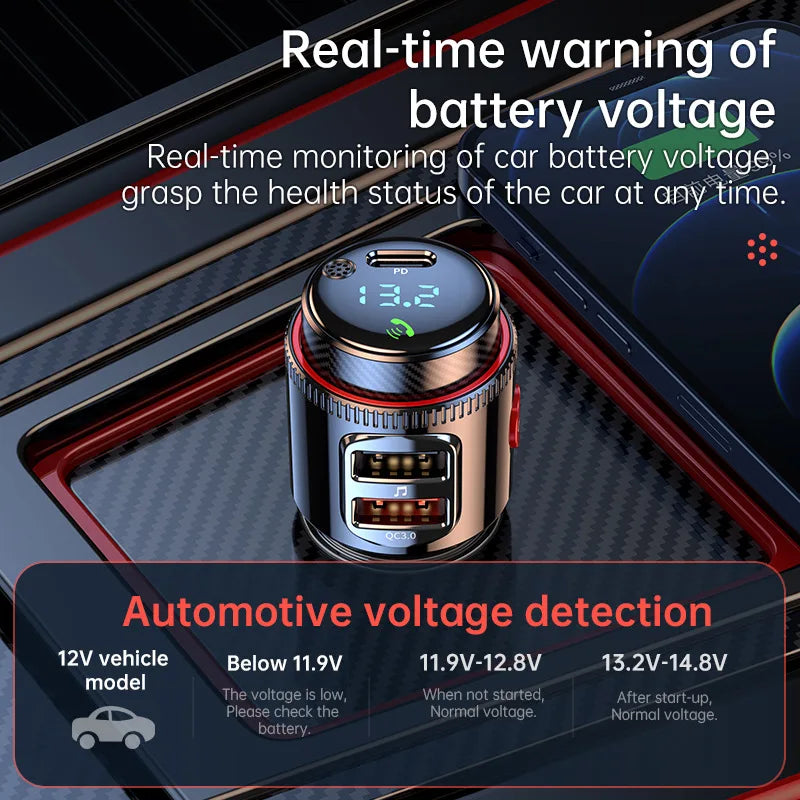 VR Robot PD30W+QC 3.0 Bluetooth 5.4 Car FM Transmitter – Wireless MP3 Player Handsfree Adapter with USB Fast Charging & U Disk Support