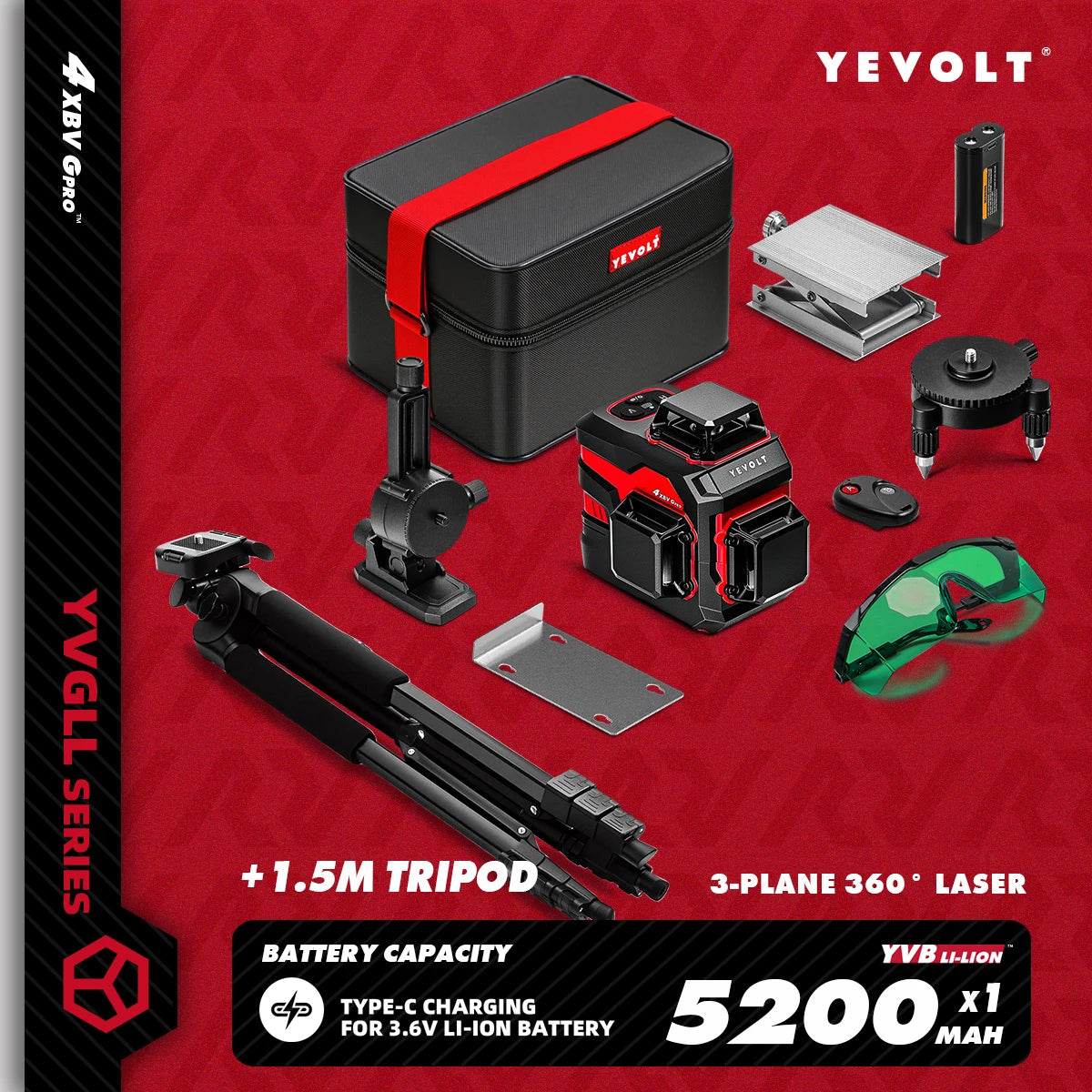YEVOLT YVGLL4XS12 12-Line Green Laser Level – ±0.2mm/m Precision, IP54 Waterproof, Auto-Leveling with Slope Mode
