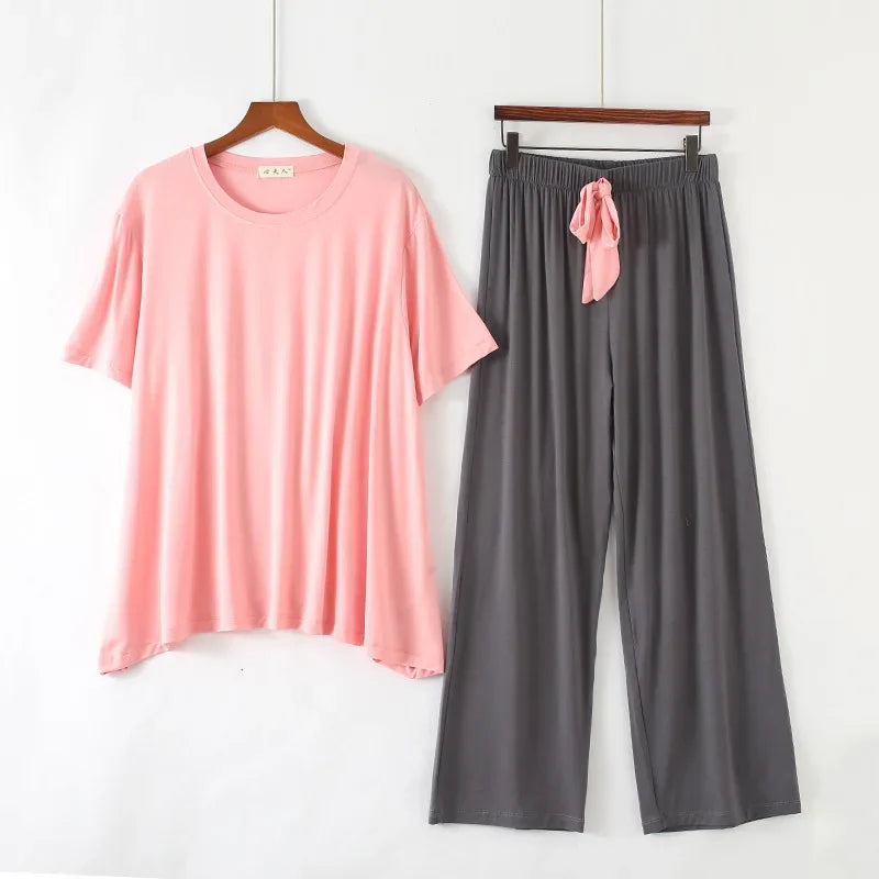 Women's Summer Modal Pajamas Set β Lightweight Short Sleeve Top and Loose Trousers Two-Piece Homewear