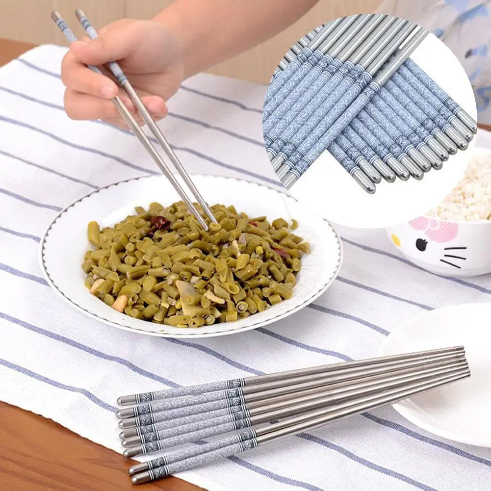 Blue and White Print Steel Chopsticks - Durable Kitchen Tableware for Food Enjoyment