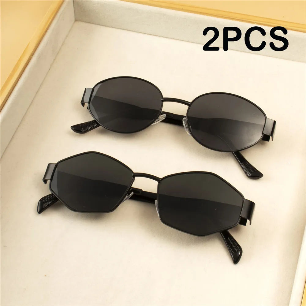 Vintage Punk Round Sunglasses 2PCS - Retro Metal Frame Fashion Eyewear for Women