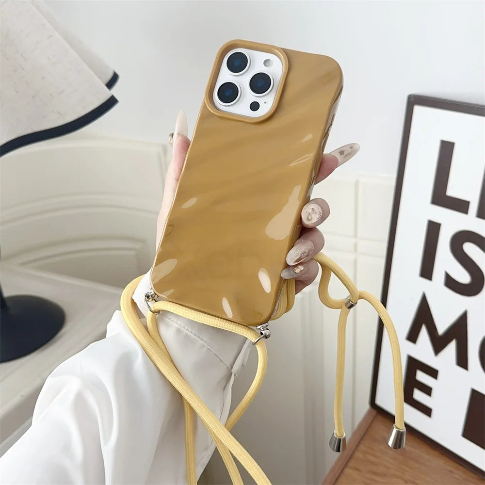 Glossy Wave Ripple Crossbody Lanyard Phone Case for iPhone 17/16/15 Pro Max Air 14 13 12 11 XR X 8 7 - Soft Silicone Protective Cover with Strap