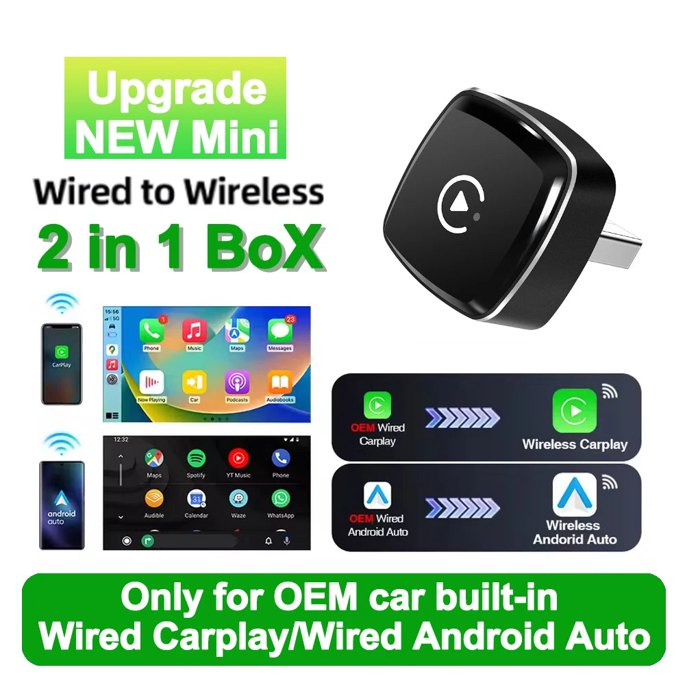 2-in-1 Wireless CarPlay & Android Auto Mini Box β AI Plug & Play Automatic Connection for 99% of Car Radios