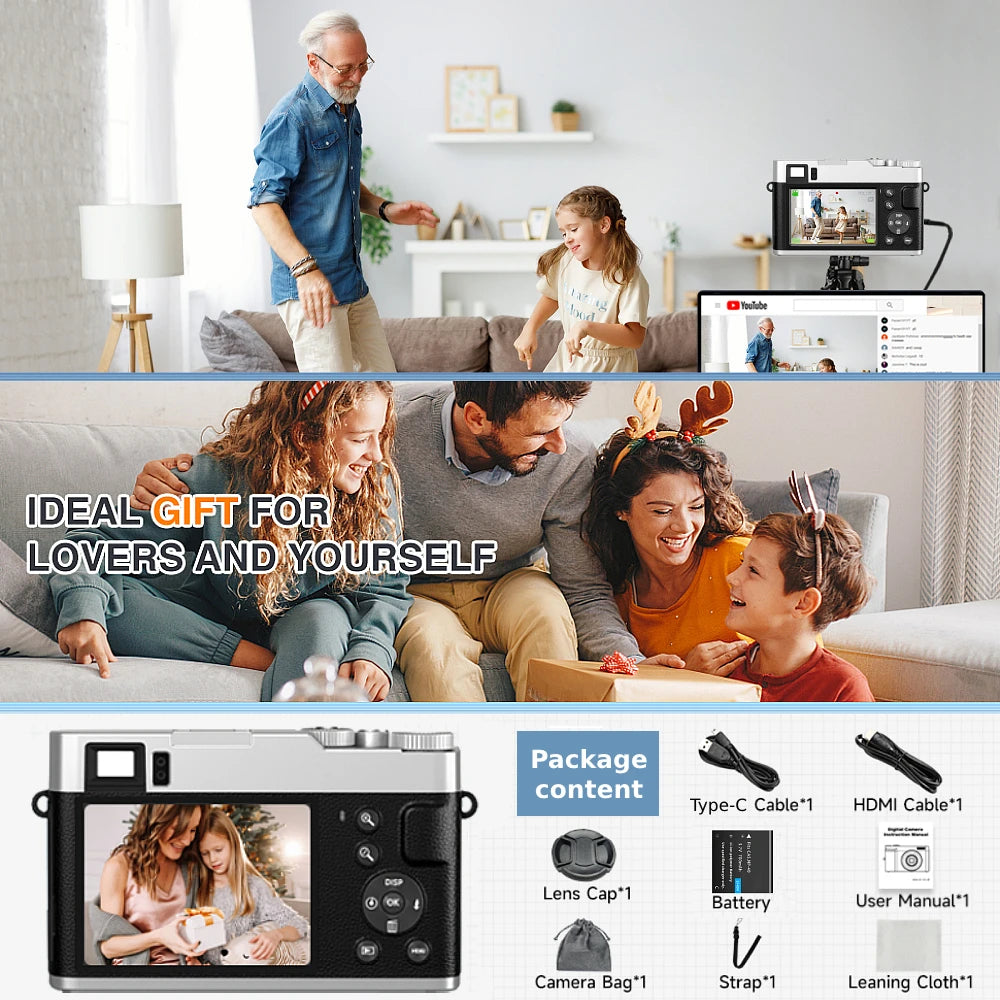 4K Digital Camera – Auto Focus, 48MP Vlogging Camera for YouTube, Anti-Shake Video, Viewfinder, Flash & 16X Zoom