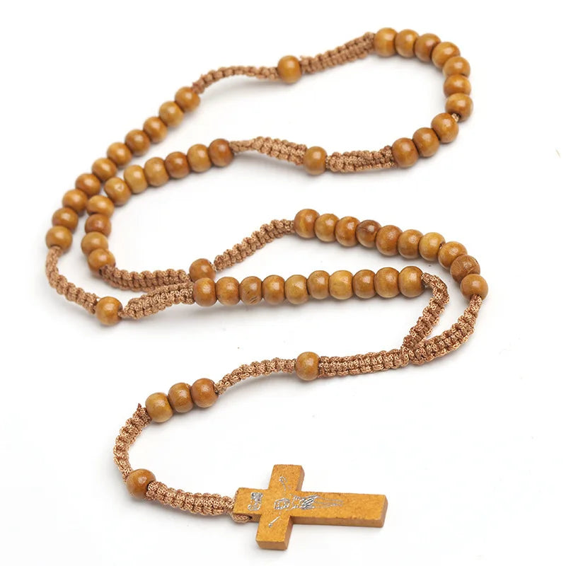 8mm Wooden Rosary Beads Necklace β Catholic Orthodox Cross Pendant, Woven Rope Prayer Chain for Men, Spiritual Gift (Black/Brown/Khaki)