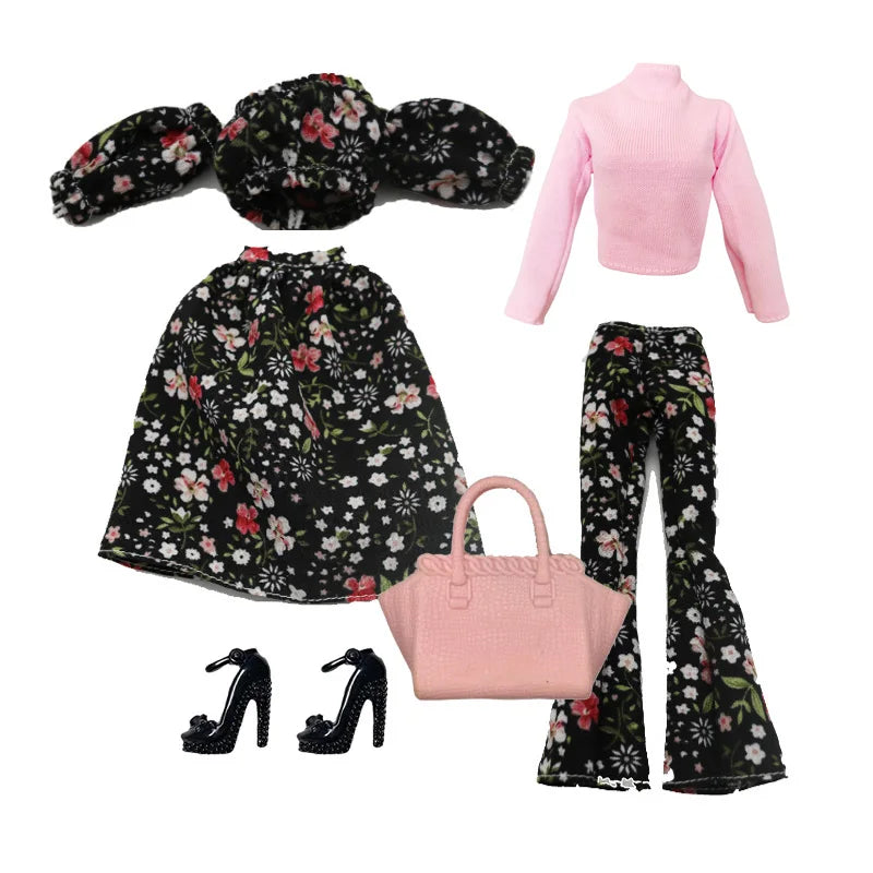 Elegant 1/6 Doll Outfit – Pink Houndstooth Dress, Hat, Gold Belt, Handbag & Shoes Set