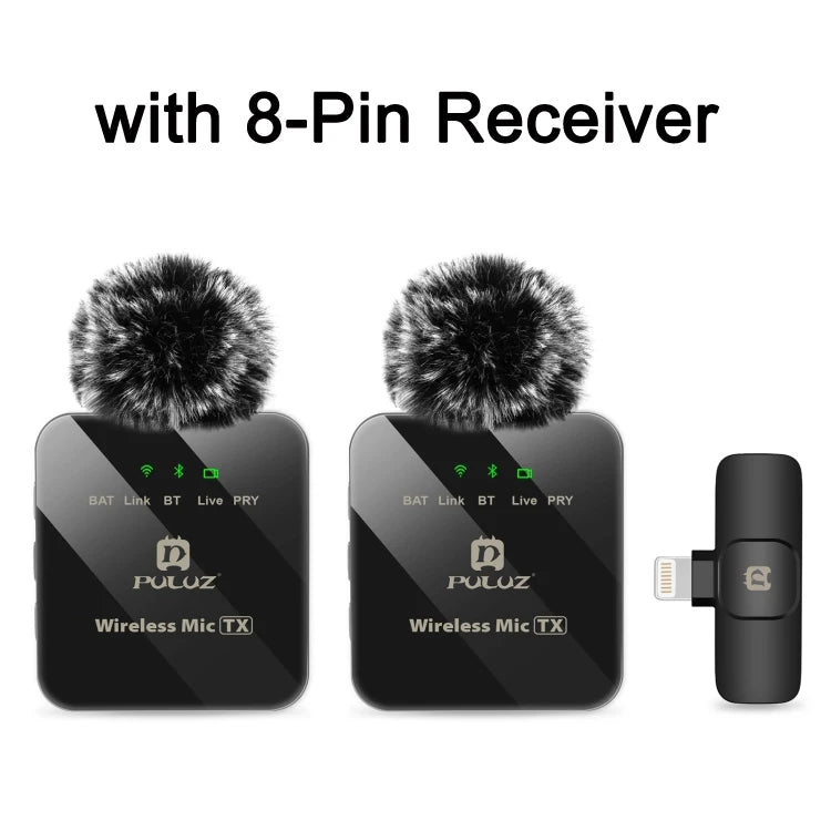 PULUZ Wireless Lavalier Microphone – Dual Mics with 8-Pin & Type-C Receiver for iPhone, iPad, & Android