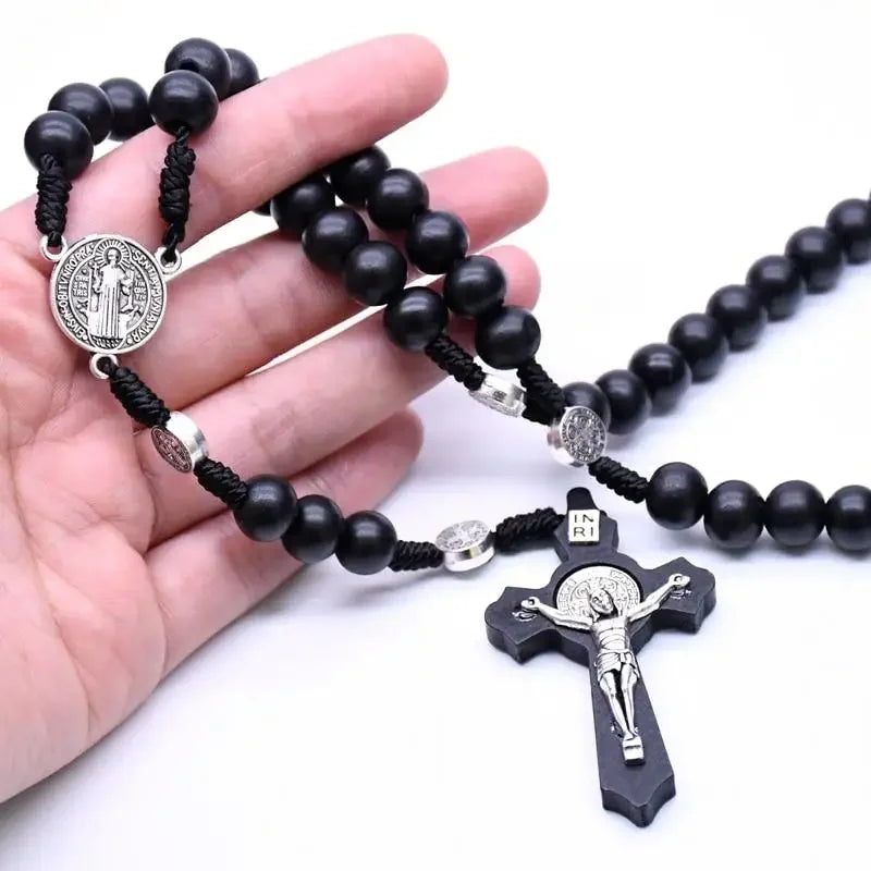 Antique Black Wooden Rosary Car Pendant – Jesus Saint Benedict Cross Beaded Hanging Religious Jewelry for Men & Women