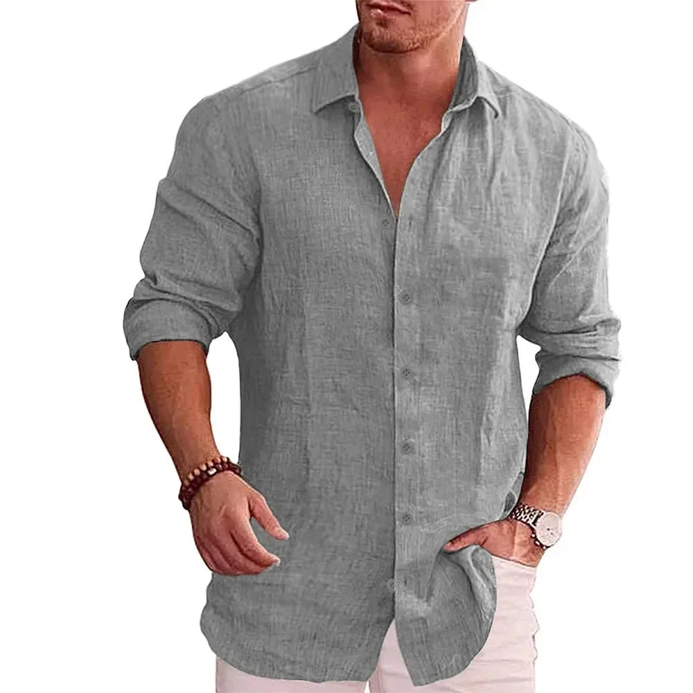 Men’s Cotton Linen Shirt - Long Sleeve Solid Color Casual Plus Size Autumn Top