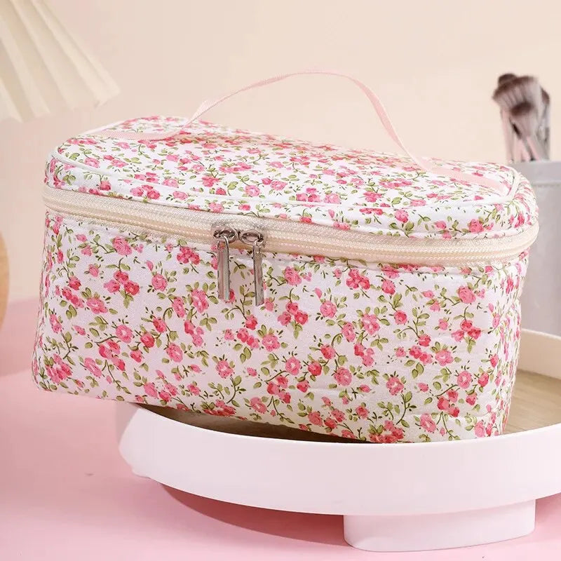 Cotton Floral Cosmetic Pouch – Dual Zipper Makeup Organizer, Portable Travel Storage & Wash Bag