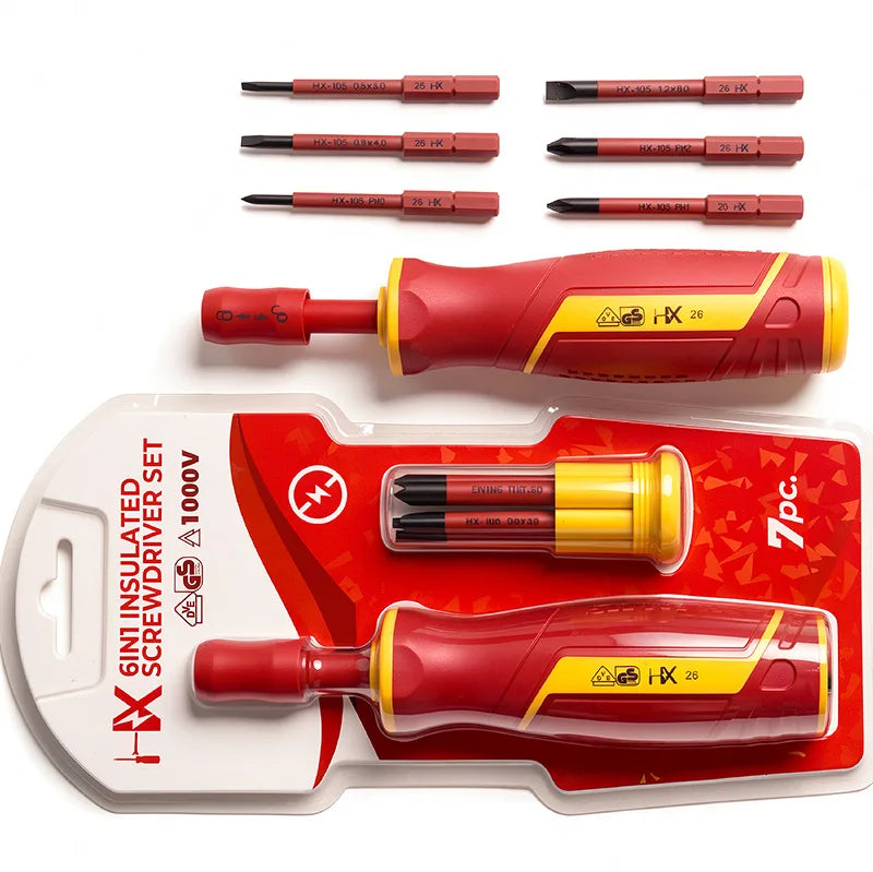 6-in-1 VDE Insulated Screwdriver Set - Quick-Change Slotted & Phillips Bit Kit