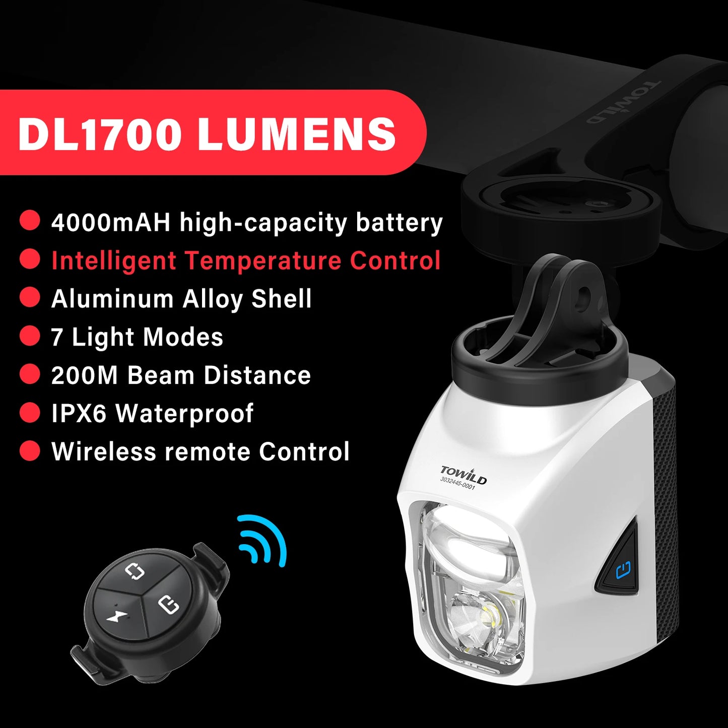 TOWILD DL1700 LED Bicycle Light – 1900LM Rechargeable Front Light with Focus & Flood Beam, Power Bank Function
