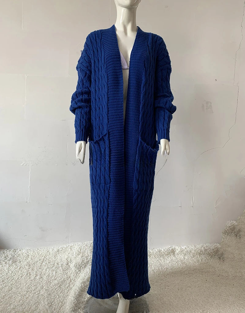 Women’s Long Knit Cardigan with Pockets – Vintage Full Sleeve Thick Autumn Winter Sweater Coat