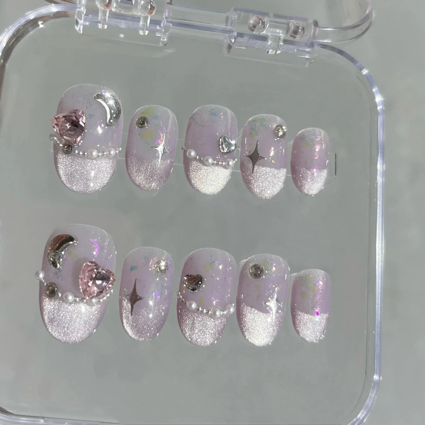 10 Pcs Short Handmade Pink Press-On Nails – Spring French Rhinestone Plaid Full Cover Fake Nail Tips