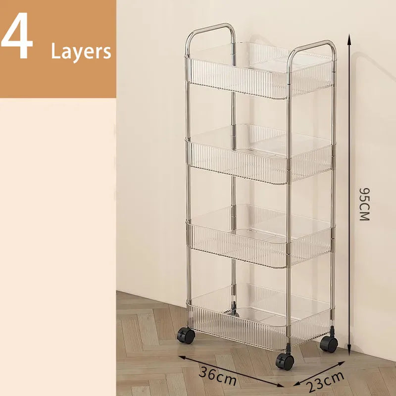 Mobile Shelf with Wheels - Multi-Layer Storage Rack Home Trolley, 2/3/4 Tiers Rolling Cart for Snacks, Cosmetics, and Sundries Organizer